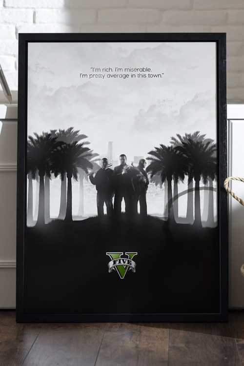 Gta V Siyah Ahşap Çerçeveli Poster, Dekoratif Oyun Duvar Tablosu