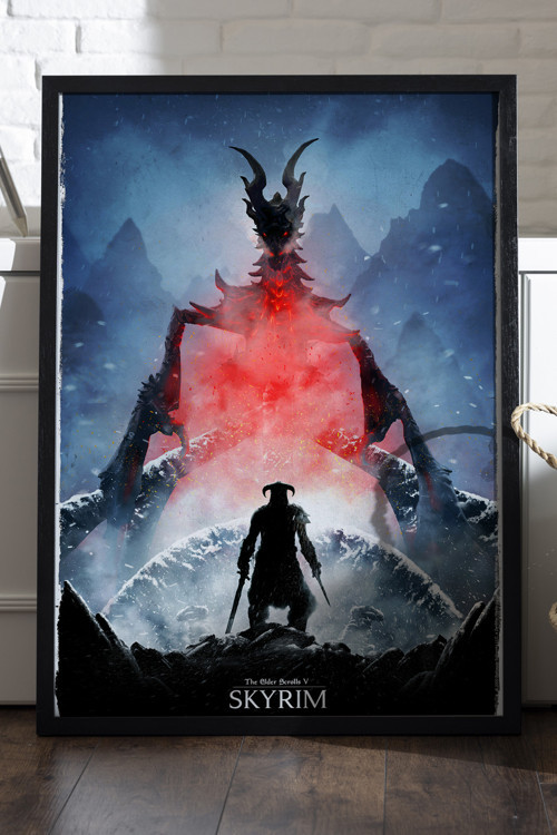 Skyrim Siyah Ahşap Çerçeveli Poster, Dekoratif Oyun Duvar Tablosu