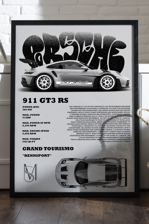 Porsche 911 Gt3 Rs Siyah Ahşap Çerçeveli Poster, Dekoratif Araba Duvar Tablosu