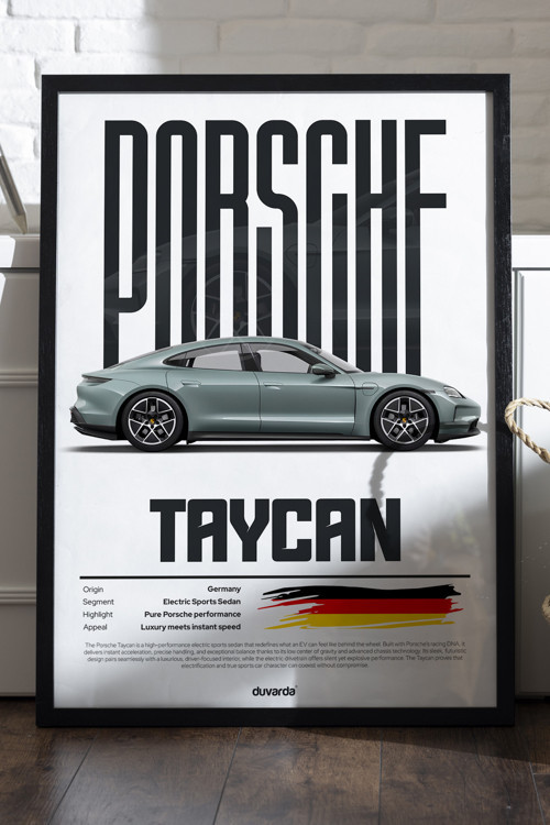 Porsche Taycan Araba Siyah Ahşap Çerçeveli Poster, Dekoratif Duvar Tablosu
