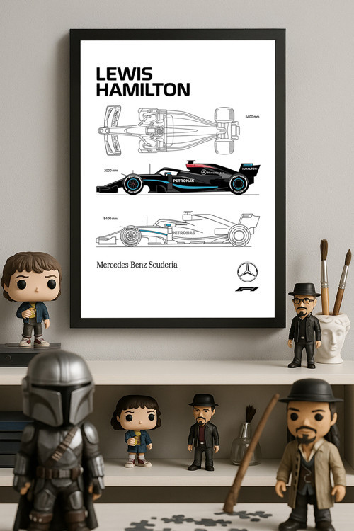 Lewis Hamilton Siyah Ahşap Çerçeveli Poster, Dekoratif Formula 1 Duvar Tablosu