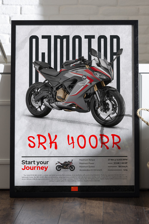 Qj Motor Srk 400Rr Siyah Ahşap Çerçeveli Poster, Dekoratif Motosiklet Duvar Tablosu