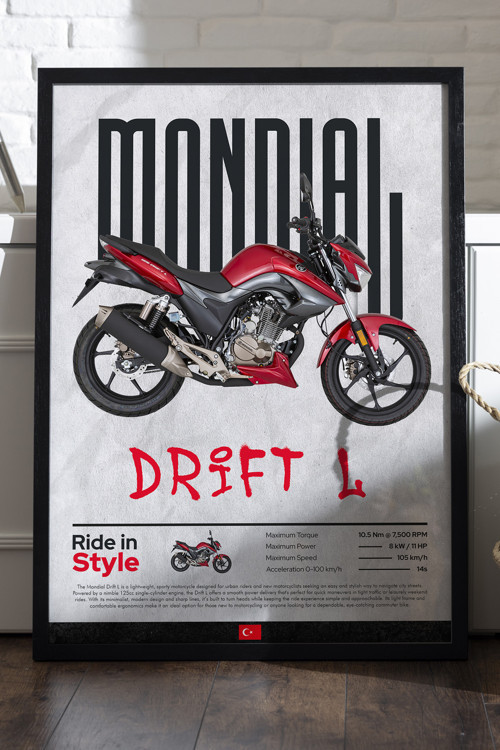 Mondial Drift L Siyah Ahşap Çerçeveli Poster, Dekoratif Motosiklet Duvar Tablosu