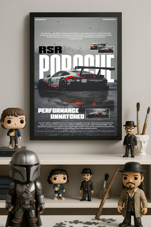 Porsche 911 Rsr Siyah Ahşap Çerçeveli Poster, Dekoratif Araba Duvar Tablosu