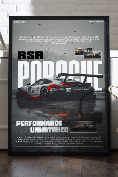 Porsche 911 Rsr Siyah Ahşap Çerçeveli Poster, Dekoratif Araba Duvar Tablosu
