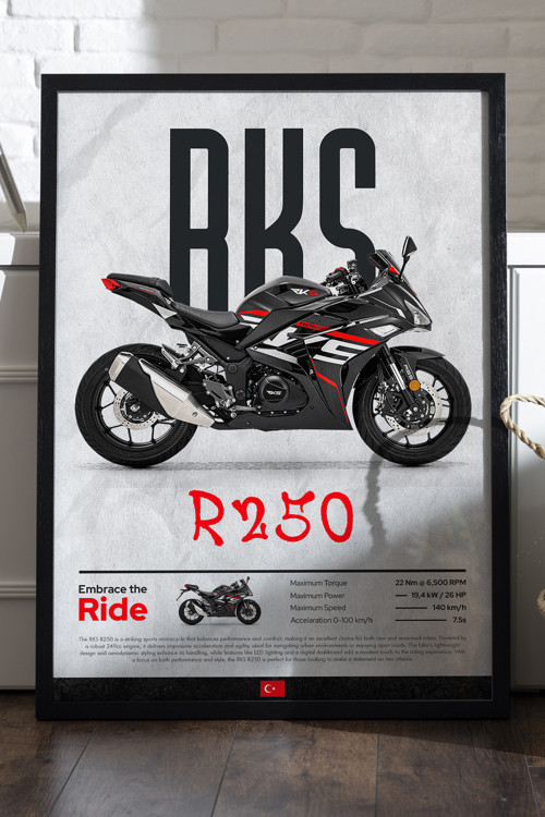 Rks R 250 Siyah Ahşap Çerçeveli Poster, Dekoratif Motosiklet Duvar Tablosu