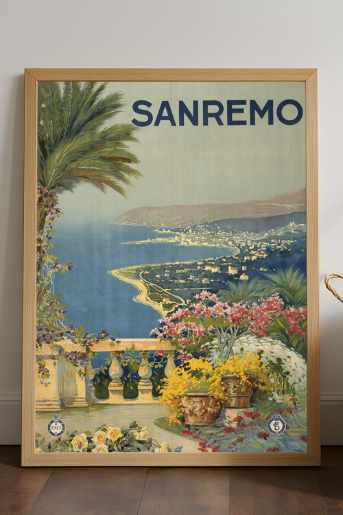 Sanremo Doğal Ahşap Çerçeveli Poster, Dekoratif Seyahat Duvar Tablosu