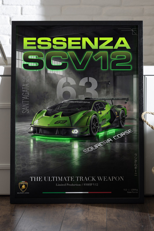 Lamborghini Essenza Siyah Ahşap Çerçeveli Poster, Dekoratif Araba Duvar Tablosu