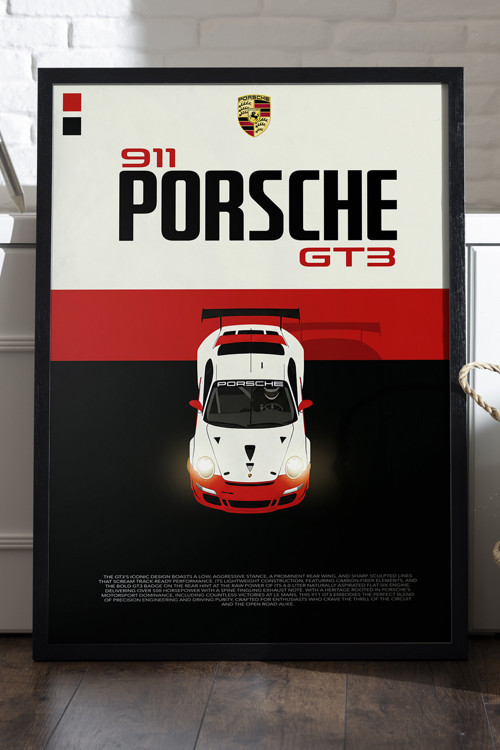 Porsche 911 Gt3 Siyah Ahşap Çerçeveli Poster, Dekoratif Araba Duvar Tablosu