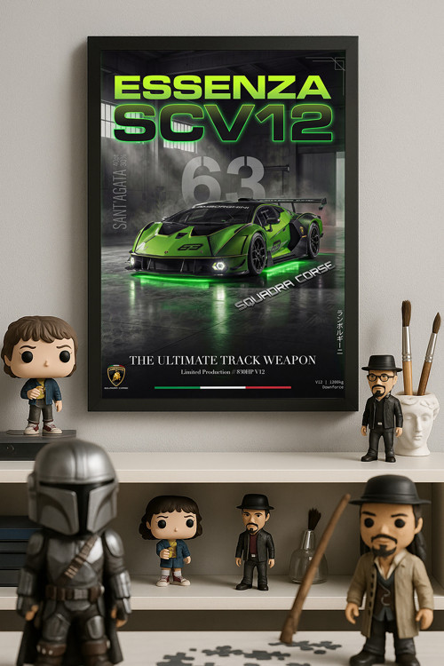 Lamborghini Essenza Siyah Ahşap Çerçeveli Poster, Dekoratif Araba Duvar Tablosu