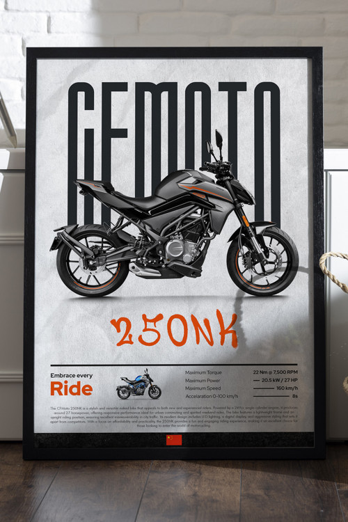 Cfmoto 250 Nk Siyah Ahşap Çerçeveli Poster, Dekoratif Motosiklet Duvar Tablosu