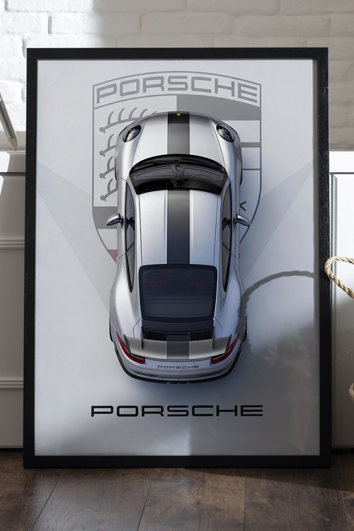 Porsche 911 Siyah Ahşap Çerçeveli Poster, Dekoratif Araba Duvar Tablosu