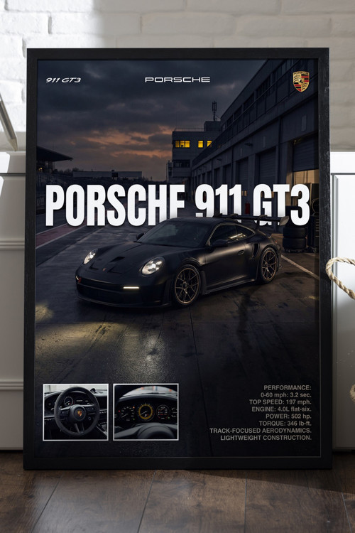 Porsche 911 Gt3 Siyah Ahşap Çerçeveli Poster, Dekoratif Araba Duvar Tablosu