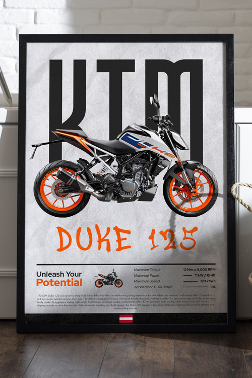 Ktm Duke 125 Siyah Ahşap Çerçeveli Poster, Dekoratif Motosiklet Duvar Tablosu