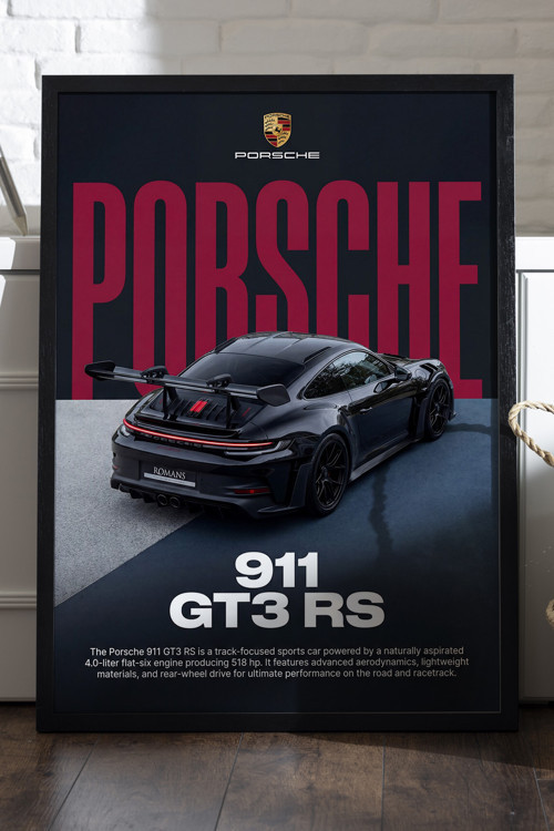 Porsche 911 Gt3 Rs Siyah Ahşap Çerçeveli Poster, Dekoratif Araba Duvar Tablosu