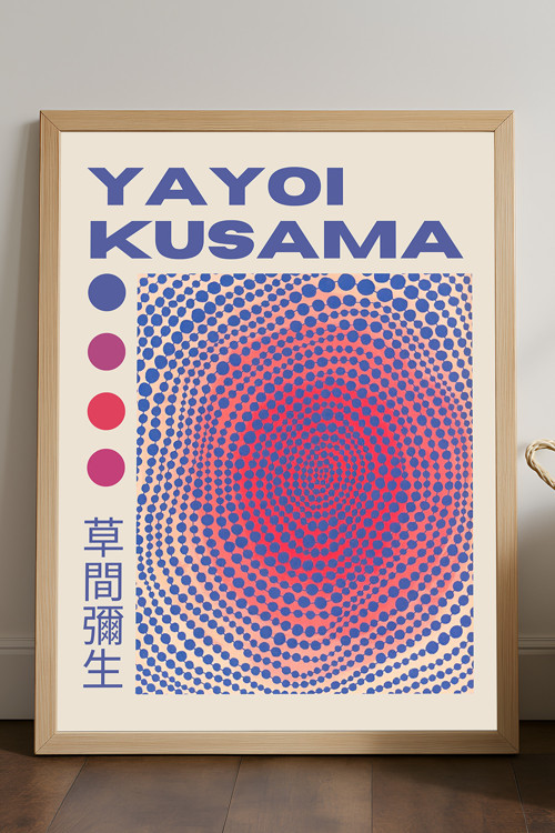 Yayoi Kusama Doğal Ahşap Çerçeveli Poster, Dekoratif Sanatsal Duvar Tablosu