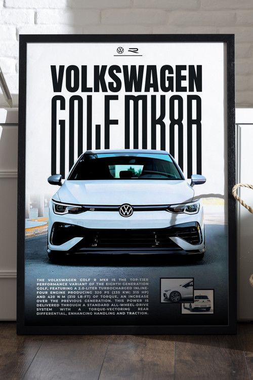 Volkswagen Golf Mk 8 R Siyah Ahşap Çerçeveli Poster, Dekoratif Araba Duvar Tablosu