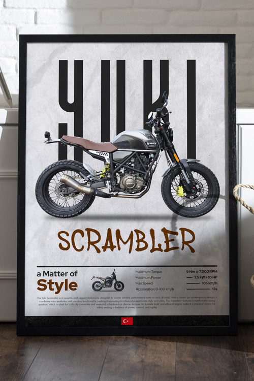 Yuki Scrambler Siyah Ahşap Çerçeveli Poster, Dekoratif Motosiklet Duvar Tablosu