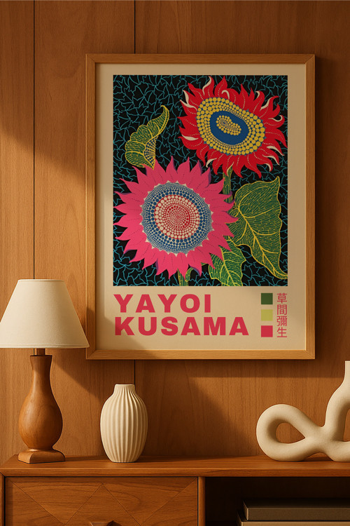 Yayoi Kusama Doğal Ahşap Çerçeveli Poster, Dekoratif Sanatsal Duvar Tablosu