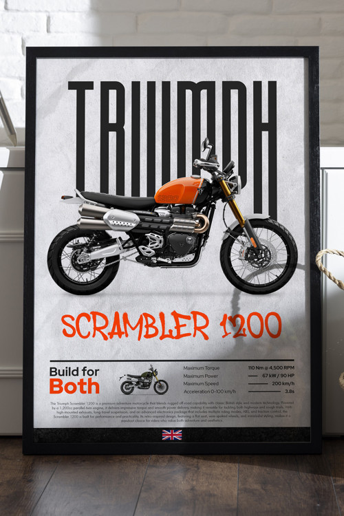 Triumph Scrambler 1200 Siyah Ahşap Çerçeveli Dekoratif Motosiklet Duvar Tablosu