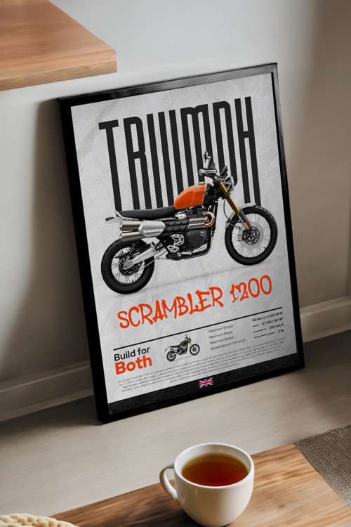 Triumph Scrambler 1200 Siyah Ahşap Çerçeveli Dekoratif Motosiklet Duvar Tablosu