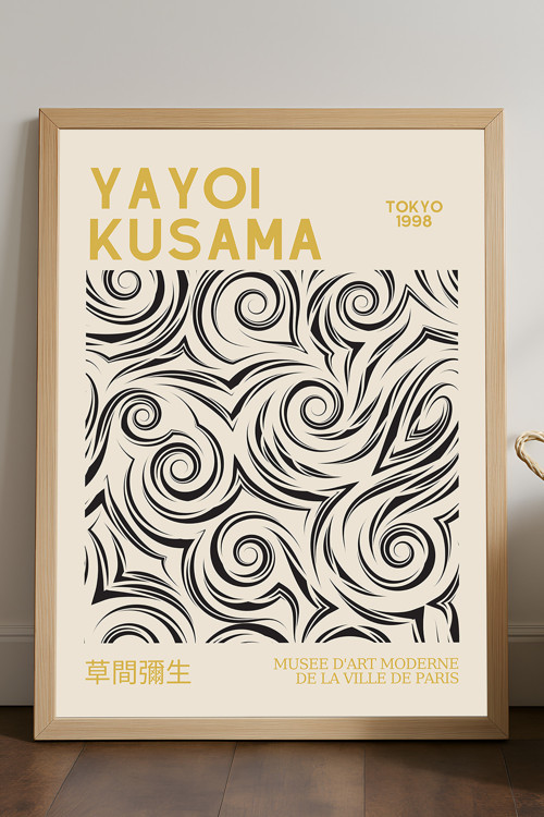 Yayoi Kusama Doğal Ahşap Çerçeveli Poster, Dekoratif Sanatsal Duvar Tablosu
