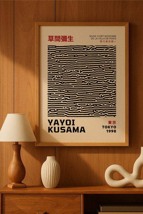 Yayoi Kusama Doğal Ahşap Çerçeveli Poster, Dekoratif Sanatsal Duvar Tablosu