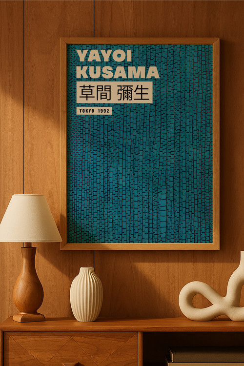 Yayoi Kusama Doğal Ahşap Çerçeveli Poster, Dekoratif Sanatsal Duvar Tablosu
