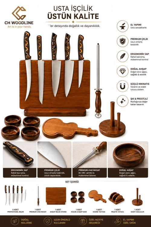 Profesyonel 5’li Şef Bıçak Seti (Nusret, Santoku, Gyuto, Ekmek, Stick) + Epoksi Mıknatıslı Stand ve Masat | Ceviz Kase & Havlu Peçete Hediyeli