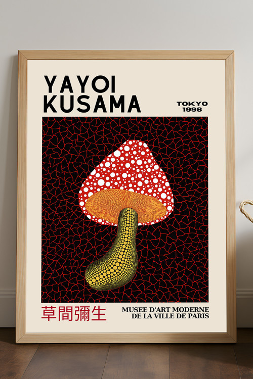 Yayoi Kusama Doğal Ahşap Çerçeveli Poster, Dekoratif Sanatsal Duvar Tablosu