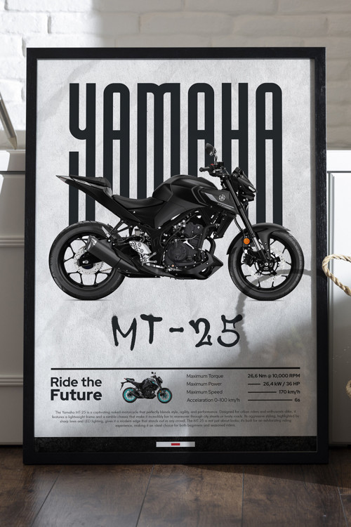 Mt-25 Siyah Ahşap Çerçeveli Poster, Dekoratif Motosiklet Duvar Tablosu