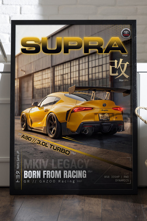 Toyota Supra Siyah Ahşap Çerçeveli Poster, Dekoratif Araba Duvar Tablosu