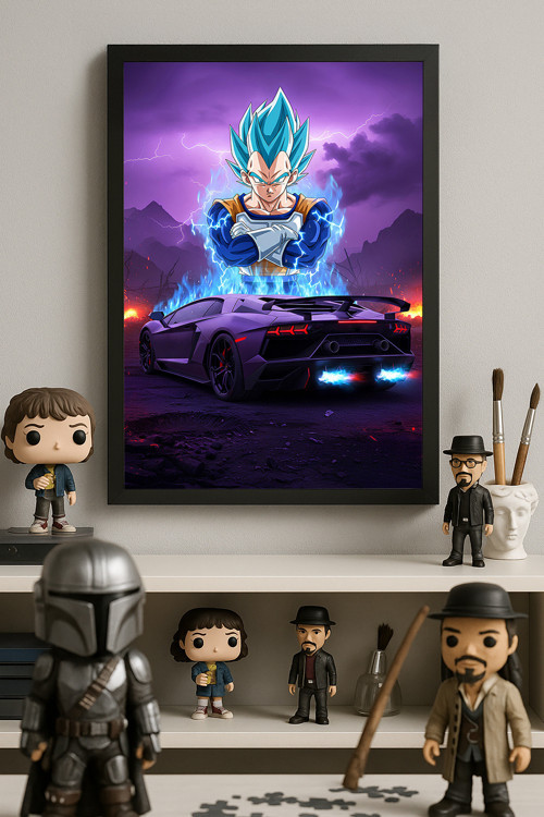 Vegeta Lamborghini Aventador Siyah Ahşap Çerçeveli Poster, Dekoratif Anime Araba Duvar Tablosu