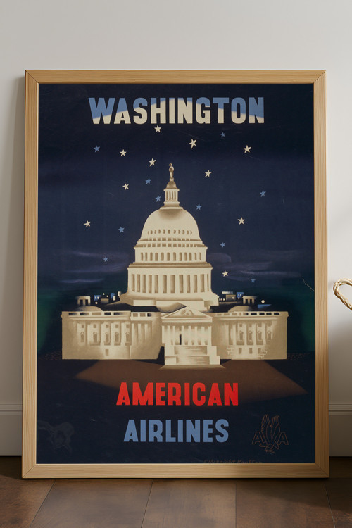 Washington Doğal Ahşap Çerçeveli Poster, Dekoratif Seyahat Duvar Tablosu