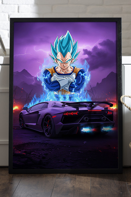 Vegeta Lamborghini Aventador Siyah Ahşap Çerçeveli Poster, Dekoratif Anime Araba Duvar Tablosu