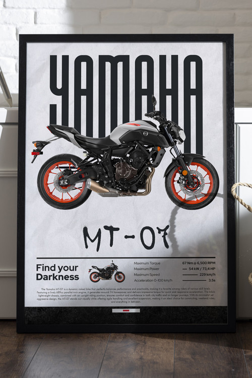 Yamaha Mt-07 Siyah Ahşap Çerçeveli Poster, Dekoratif Motosiklet Duvar Tablosu