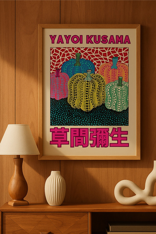Yayoi Kusama Doğal Ahşap Çerçeveli Poster, Dekoratif Sanatsal Duvar Tablosu