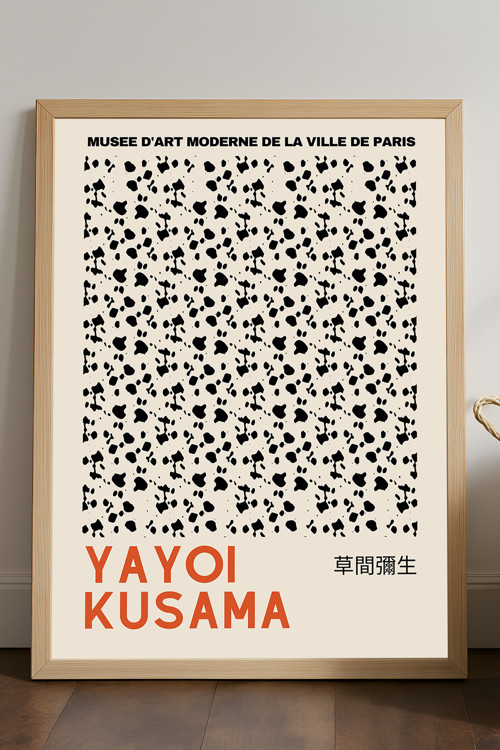 Yayoi Kusama Doğal Ahşap Çerçeveli Poster, Dekoratif Sanatsal Duvar Tablosu