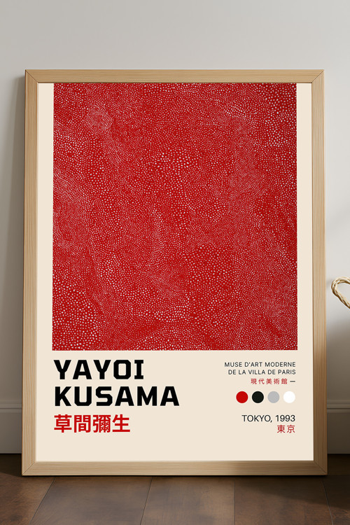 Yayoi Kusama Doğal Ahşap Çerçeveli Poster, Dekoratif Sanatsal Duvar Tablosu