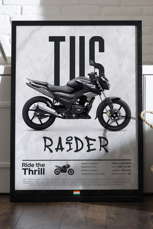 Tvs Raider Siyah Ahşap Çerçeveli Poster, Dekoratif Motosiklet Duvar Tablosu