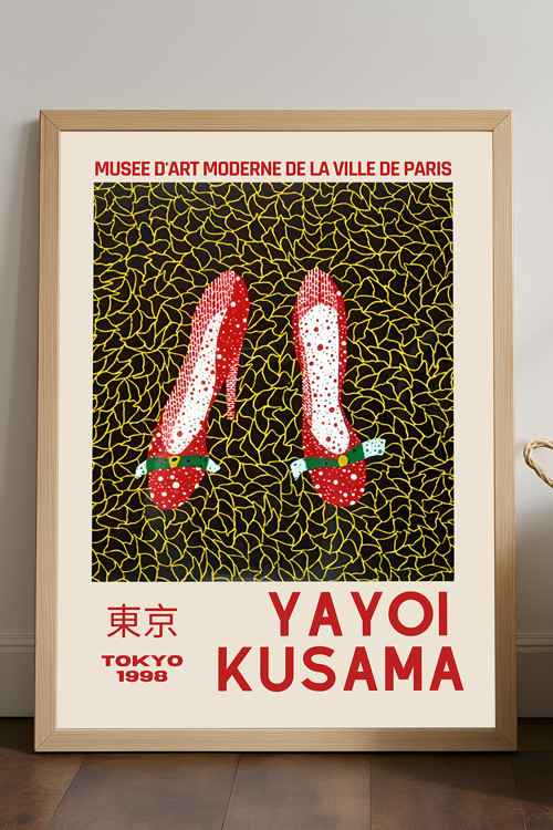 Yayoi Kusama Doğal Ahşap Çerçeveli Poster, Dekoratif Sanatsal Duvar Tablosu