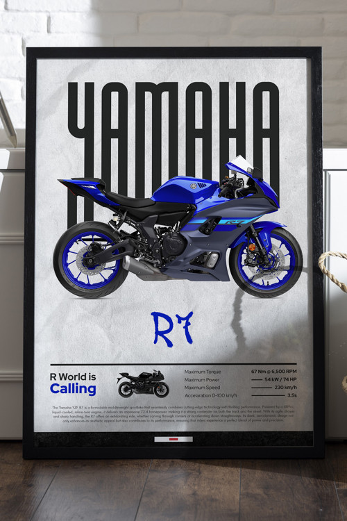 Yamaha R7 Siyah Ahşap Çerçeveli Poster, Dekoratif Motosiklet Duvar Tablosu