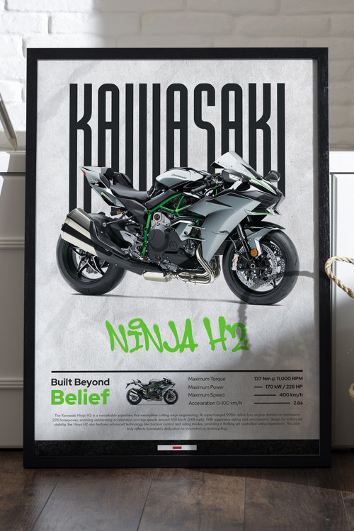 Kawasaki Ninja H2 Siyah Ahşap Çerçeveli Poster, Dekoratif Motosiklet Duvar Tablosu
