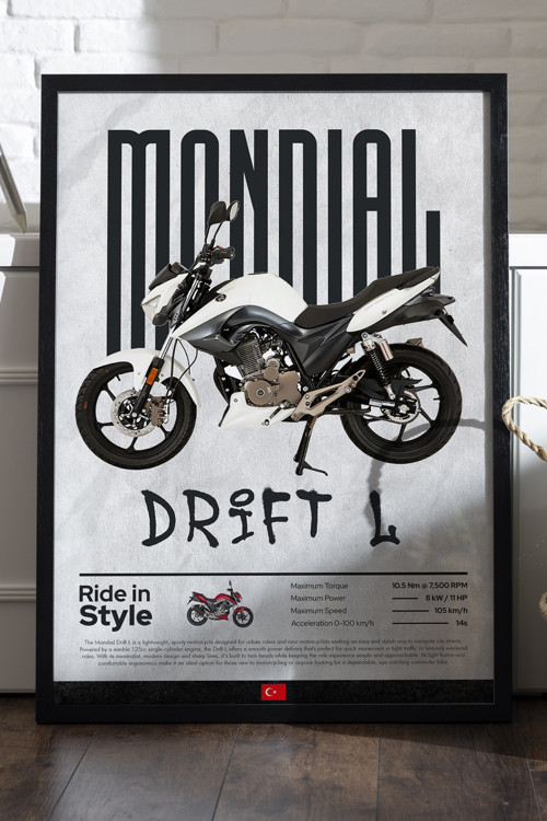 Mondial Drift L Siyah Ahşap Çerçeveli Poster, Dekoratif Motosiklet Duvar Tablosu