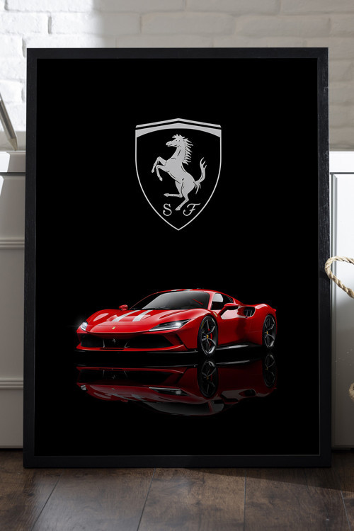 Ferrari Sf90 Siyah Ahşap Çerçeveli Poster, Dekoratif Araba Duvar Tablosu