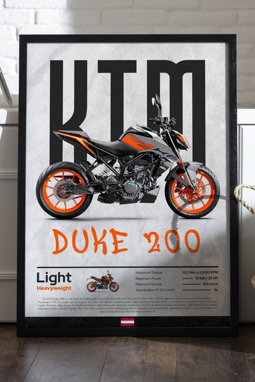 Ktm Duke 200 Siyah Ahşap Çerçeveli Poster, Dekoratif Motosiklet Duvar Tablosu