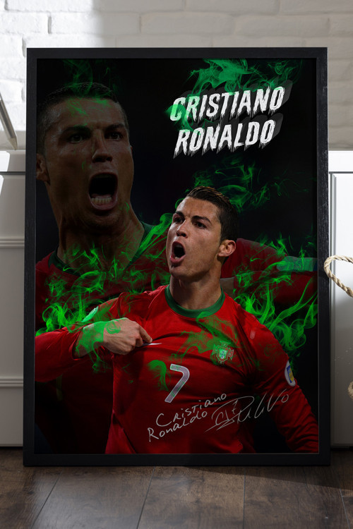 Cristiano Ronaldo Siyah Ahşap Çerçeveli Poster, Dekoratif Futbol Duvar Tablosu