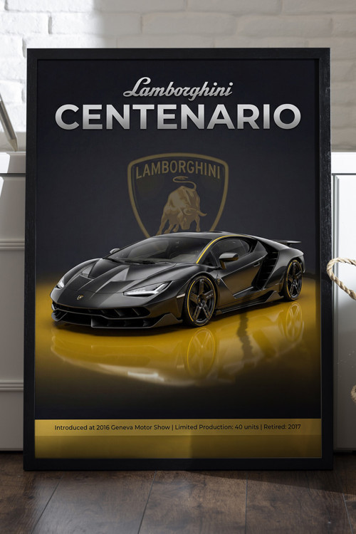 Lamborghini Centenario Siyah Ahşap Çerçeveli Poster, Dekoratif Araba Duvar Tablosu