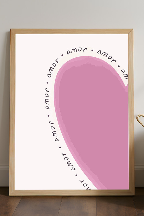 Pembe Kalp Doğal Ahşap Çerçeveli Poster, Dekoratif Hediyelik Duvar Tablosu