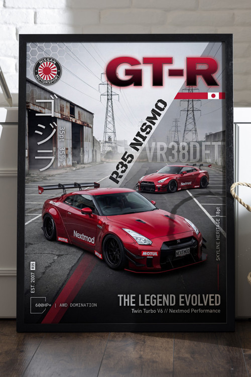 Nissan Gt-R R35 Nismo Siyah Ahşap Çerçeveli Poster, Dekoratif Araba Duvar Tablosu